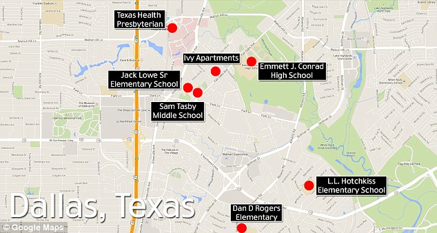 A map of North Dallas in Texas reveals the proximity of where Mr Duncan was staying in relation to the hospital and schools as officials said the Ebola patient may have come in contact with up to 100 people.