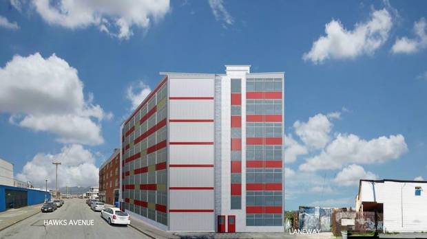 A rendering of the planned shipping-container-based housing complex, situated at the corner of Hastings and Hawks on the edge of Downtown Eastside.