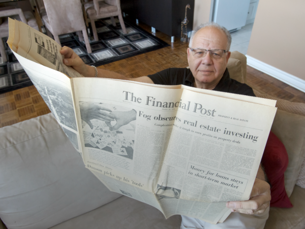 Forensic Real Estate Specialist and Real Estate Broker Barry Lebow, photographed at his Toronto home while reading a 1974 edition of the Financial Post at his Toronto home.